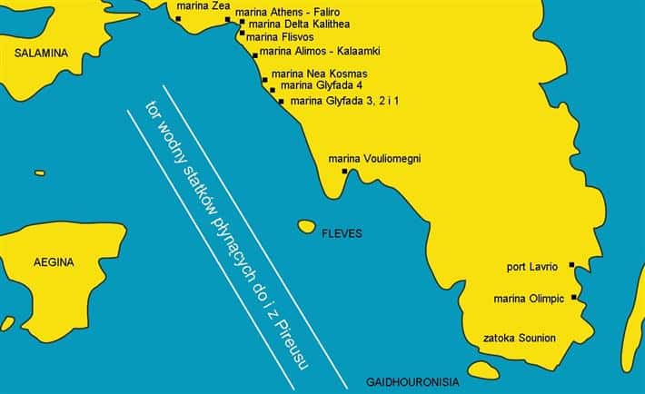 Mapka wybrzeża od Pireusu po Lavrio