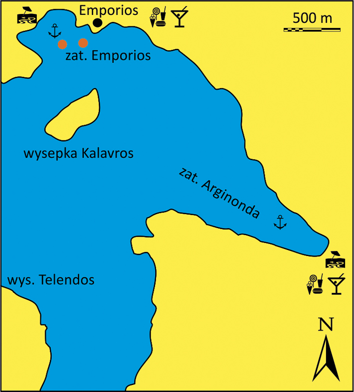 zatoki Emporios i Arginonda na wyspie Kalimnos mapa
